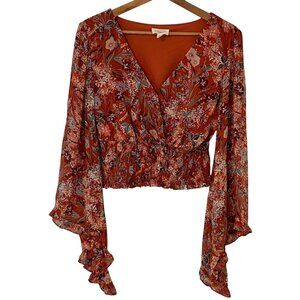Meraki Crop Top Womens Size M Long Flare Sleeve Floral Smocked Hem V Neck